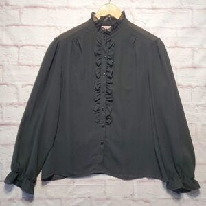 Romantic Y2K Whimsigoth Womens Black Ruffle Blouse Victorian Gothic Sheer Sz 18